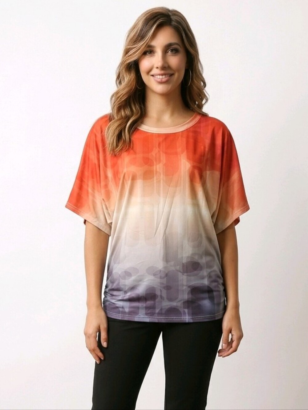NWT LoveU Dear Ombre Short-Sleeve Top in Orange and Blue Ruched Sides Sz M